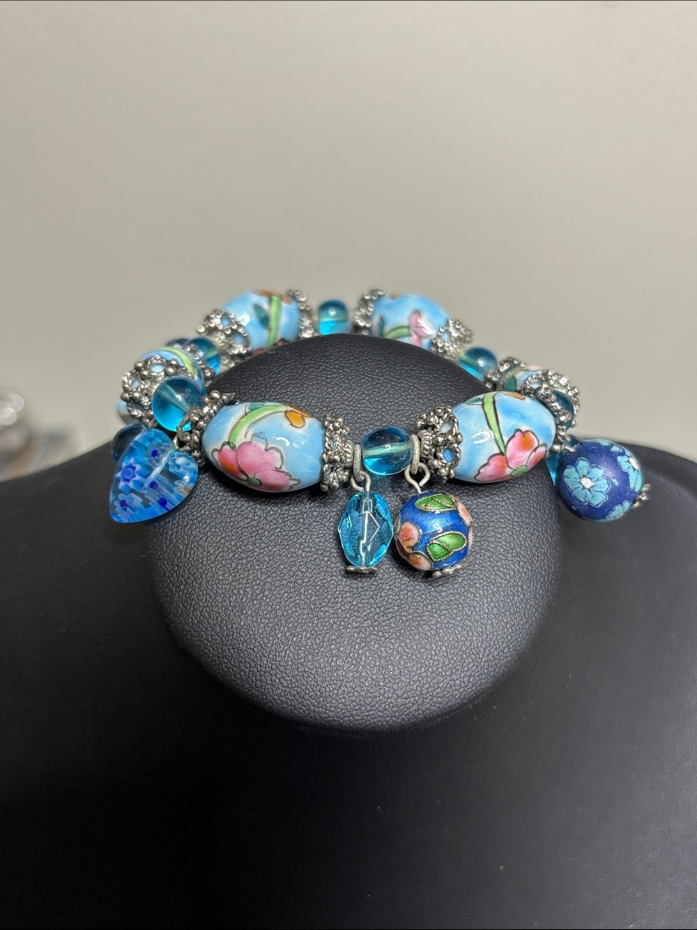 Blue Floral Mixed Media Cloisonne Millefiori Hand Painted Beaded Charm Bracelet